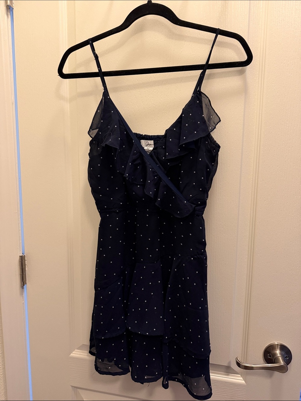 Unknown Brand Navy Polka Dot Ruffle Spaghetti Strap Dress